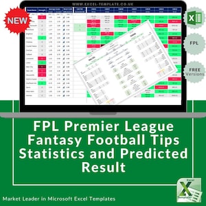 Könnte beinhalten: Ein Laptop-Bildschirm zeigt eine Tabelle mit einem grün-roten Farbschema. Die Tabelle ist mit "FPL Premier League Fantasy Football Tips Statistics and Predicted Result" betitelt. Die Tabelle enthält Daten zu verschiedenen Fußballmannschaften, darunter ihre durchschnittlichen Tore, ihre Stärke und ihre prognostizierten Ergebnisse für kommende Spiele. Die Tabelle stammt von der Website www.excel-template.co.uk.