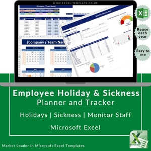 Puede incluir: Una pantalla de computadora portátil que muestra una plantilla de hoja de cálculo de Microsoft Excel para la planificación y el seguimiento de las vacaciones y las bajas por enfermedad de los empleados. La plantilla incluye un calendario, un gráfico y una tabla. El texto "Employee Holiday & Sickness Planner and Tracker" se muestra en la pantalla. El texto "Holidays | Sickness | Monitor Staff" también se muestra en la pantalla. El texto "Microsoft Excel" se muestra en la pantalla. El texto "Market Leader in Microsoft Excel Templates" se muestra debajo de la pantalla.