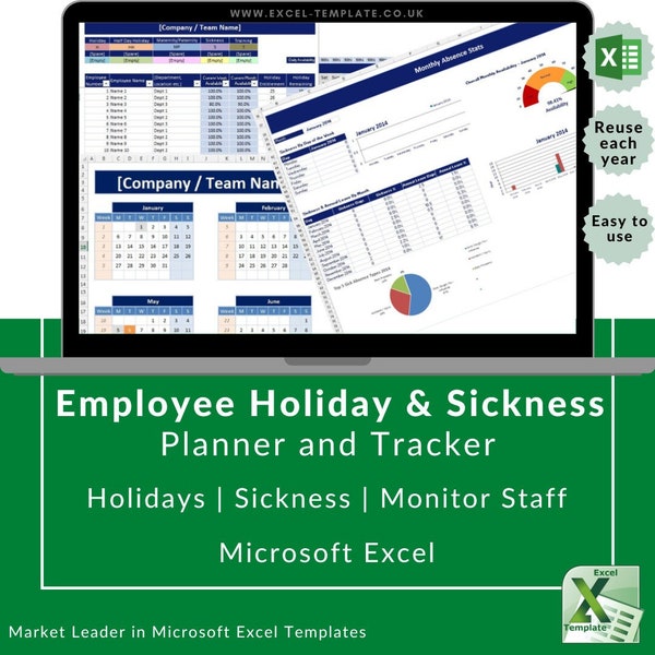 Office, Employee, Staff Holiday Vacation & Sickness Planner / Calendar this is reusable year on year. Microsoft Excel Spreadsheet
