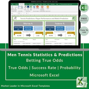 Può includere: Un modello di foglio di calcolo Microsoft Excel verde e bianco per le statistiche e le previsioni del tennis maschile. Il foglio di calcolo include dati su partite giocate, partite vinte, partite perse, probabilità di vittoria e quote reali. Il foglio di calcolo include anche una sezione per scommettere su quote reali, tasso di successo e probabilità. Il foglio di calcolo è intitolato "Statistiche e previsioni del tennis maschile Scommettere su quote reali Quote reali | Tasso di successo | Probabilità Microsoft Excel".
