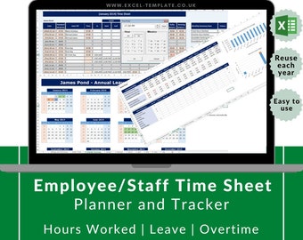 Employee, Staff Time Sheet and Calendar reusable, Microsoft Excel Spreadsheet