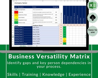 Employee, Staff, Office / Skills, Versatility Matrix, Training, Knowledge, Experience tracker Microsoft Excel Spreadsheet