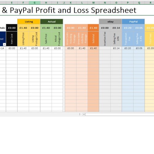 Ebay and Paypal Profit and Loss Spreadsheet Inc Fees Microsoft Etsy