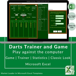 Op de afbeelding: Een groen en wit computerscherm dat een dartsspel weergeeft. Het scherm toont een dartsscorebord met de naam "John B" en een score van 501. Het scherm toont ook een venster voor het instellen van het spel met de tekst "Voer de spelinstellingen hieronder in." Het scherm bevindt zich op een laptop met een groene achtergrond. De tekst "Darts Trainer and Game" wordt onder de laptop weergegeven. De tekst "Speel tegen de computer" wordt onder de tekst "Darts Trainer and Game" weergegeven. De tekst "Game | Trainer | Statistics | Classic Look" wordt onder de tekst "Speel tegen de computer" weergegeven. De tekst "Microsoft Excel" wordt onder de tekst "Game | Trainer | Statistics | Classic Look" weergegeven. De tekst "Market Leader in Microsoft Excel Templates" wordt onder de tekst "Microsoft Excel" weergegeven.