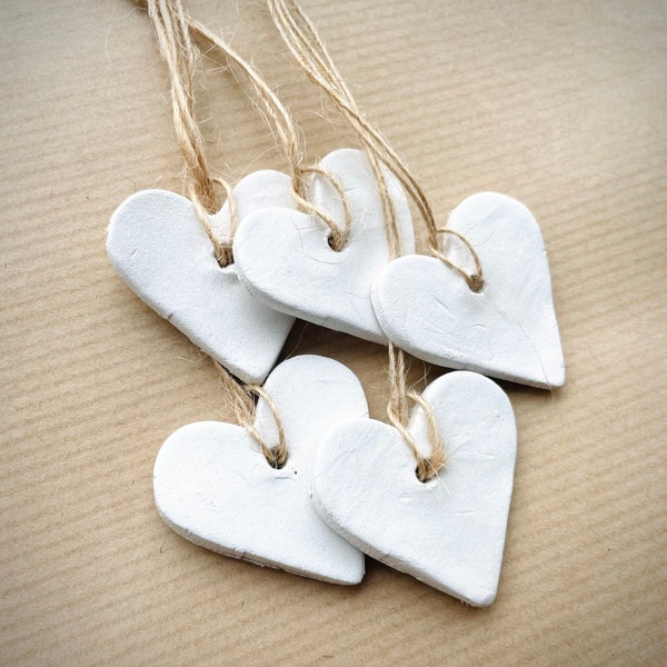 Clay Hearts • Set of 5 or 10 White Rustic Scandi Wedding Decor • Hanging Decorations • Wedding Favours • Contemporary Love Heart