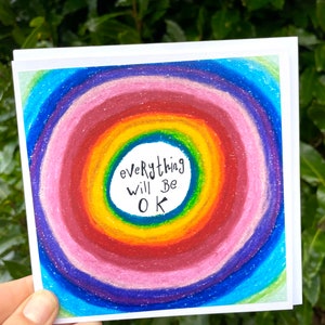 Tarjeta de arte de mandala "Todo estará bien" / Tarjeta de felicitación con diversión de arcoíris / Arte abstracto colorido / Tarjeta de amistad para cualquier ocasión