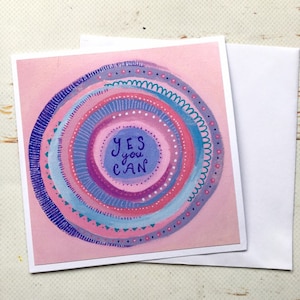 Tarjeta de arte de mandala "Sí puedes" / Tarjeta de buena suerte rosa con citas positivas / Arte abstracto colorido para amantes del yoga / Afirmaciones / Los mejores deseos para los exámenes
