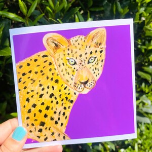Carte rose léopard / amoureux des chats amusant / Art stylisé animalier / Carte contemporaine imprimée léopard