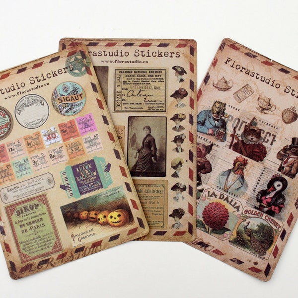 Vintage sticker set/ Planner decoration pack/ 10 sheets Scrapbooking decoration/ Mixed Media idea/ Snail Mail