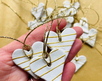 White and Gold clay Hearts • Set of 5 0r 10  Rustic Scandi  Hanging Wedding  Decorations • Contemporary Heart decs •