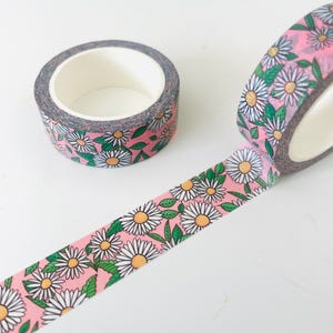 Różowa taśma Washi z motywem kwiatowym/ Białe stokrotki, urocze naklejki do planera kolażowego/ Pastelowe kwiaty do scrapbookingu, dekoracja Bullet Journal