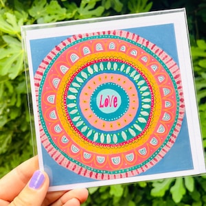 Carte d'art mandala d'amour / carte d'anniversaire de voeux / oeuvre d'art abstraite colorée pour amateur de yoga / carte d'amitié pour toute occasion / bonne chance pour l'examen