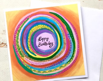 Happy Birthday Mandala Art Card/ Rainbow fun Greetings Card/ Yoga Lover Colourful Abstract Artwork/ Any Occasion Friendship Card