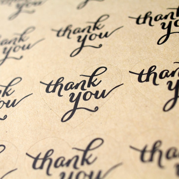 60 Kraft Thank You Heart  Stickers, Wedding Favours, Gift Wrap sticker