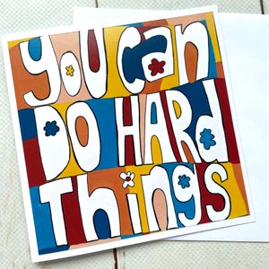Tarjeta con texto "Puedes hacer cosas difíciles" / Tarjeta de felicitación de buena suerte / Tarjeta con ilustraciones coloridas para amantes del yoga / Tarjeta escrita a mano