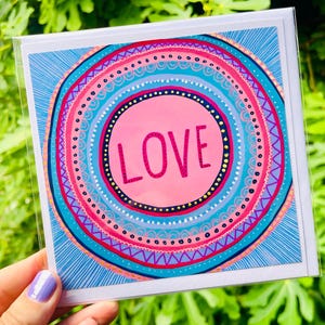 Carte d'art mandala d'amour / carte d'anniversaire de voeux / oeuvre d'art abstraite colorée pour amateur de yoga / carte d'amitié pour toute occasion / bonne chance pour l'examen