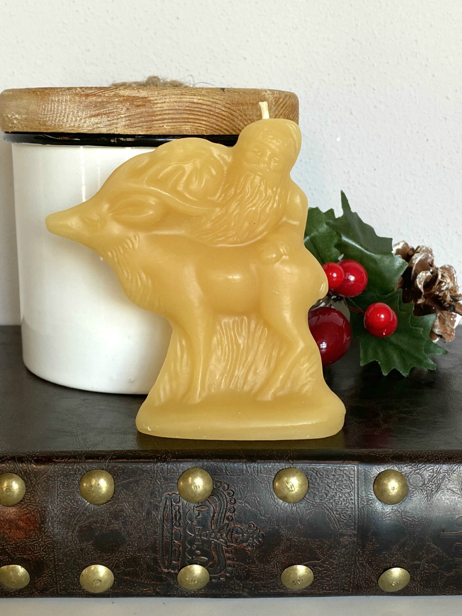 Beeswax Santa With Reindeer Candle Santa Candle Beeswax Etsy