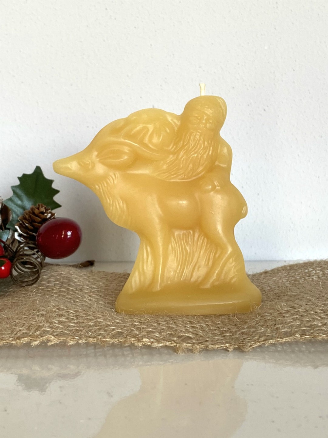Beeswax Santa With Reindeer Candle, Santa Candle, Beeswax Christmas
