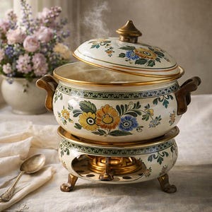 Puede incluir: Olla de servir de esmalte color crema con un diseño floral en amarillo, azul y verde. La olla tiene tapa, asas y se apoya en un soporte a juego con un elemento calefactor. Los bordes están adornados con ribetes dorados. Sale vapor de la olla.