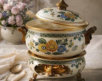 Juego de calentador de vajilla esmaltada Villeroy & Boch, cacerola floral con quemador de latón