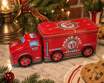 Vintage North Pole Delivery Truck Tin, Red Santa Christmas Cookie Container