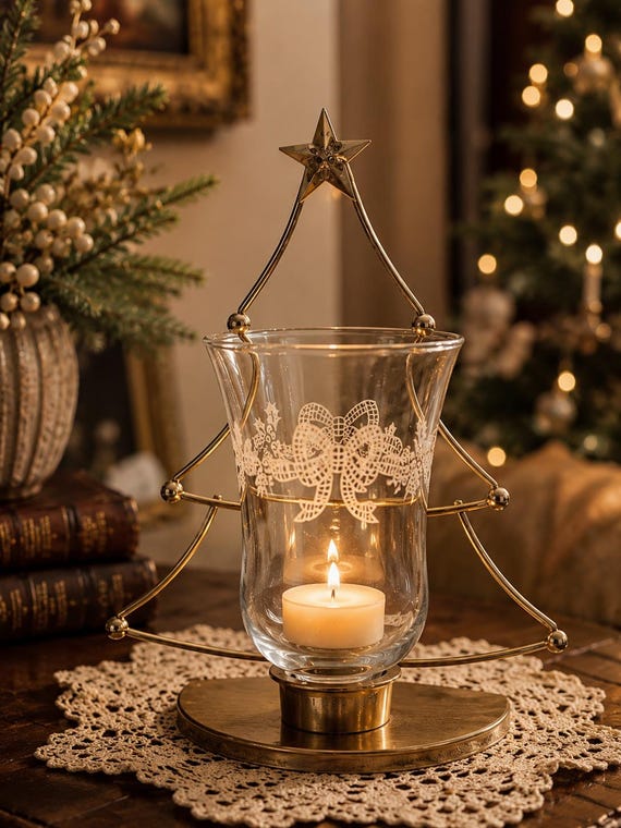 Vintage Homco Weihnachtsbaum Votivhalter aus Messing & geätztem Glas Urlaub Kerzenakzent