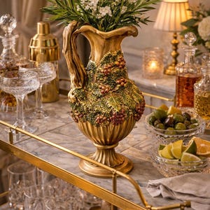 Vintage Arnel's Pottery Pitcher Vase, Embossed Grapevine, Tuscan Kitchen Decor