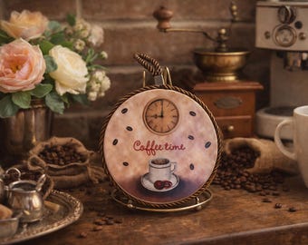 Vintage Coffee Time Sign with Cork Back, Heat Safe Trivet Style Kitchen Sign