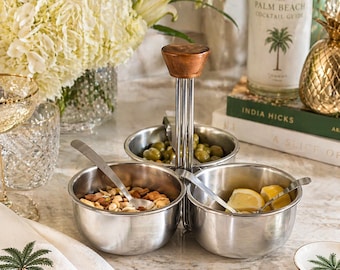 Serwer do przypraw ze stali nierdzewnej w stylu Mid Century Modern, 3-miskowy pojemnik do serwowania z drewnianym uchwytem