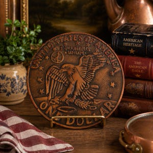 May include: A circular bronze-toned plaque featuring a relief design of a bald eagle with wings spread. The text reads UNITED STATES OF AMERICA, E PLURIBUS UNUM, and ONE DOLLAR. The plaque is displayed on a gold-colored metal stand.