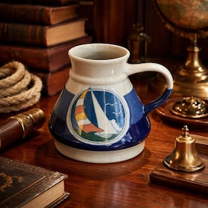 Könnte beinhalten: Eine Keramik-Tasse mit nautischem Thema. Die Tasse hat ein weißes und blaues Design mit einer Segelboot-Illustration. Der Griff ist weiß und blau. Die Tasse steht auf einer Holzoberfläche.