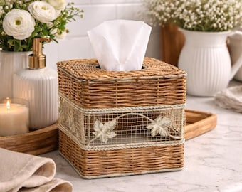 Wiklina vintage z metalowym banerem bluszczowym, pokrowiec na pudełko na chusteczki, uchwyt rattanowy