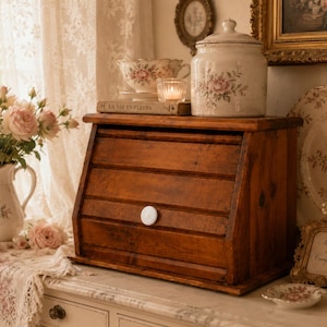 May include: A wooden bread bin with a white knob, placed on a white surface. A floral-decorated ceramic jar and a book are on top. A vase of pink roses and a candle are nearby. The scene is set in a room with a window and lace curtains.