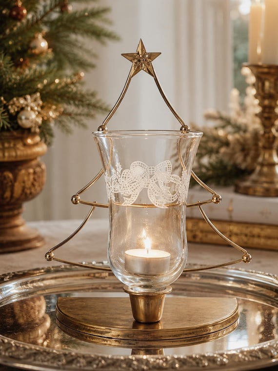 Vintage Homco Weihnachtsbaum Votivhalter aus Messing & geätztem Glas Urlaub Kerzenakzent