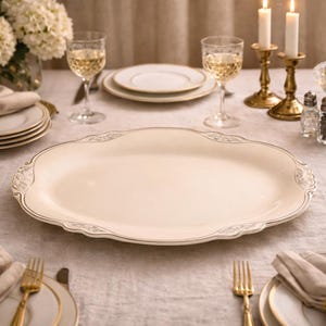 May include: Elegant table setting with a large oval serving platter, plates, wine glasses, and gold-toned cutlery. The table is set with a white tablecloth, candles, and a bowl of grapes, creating a sophisticated dining atmosphere.
