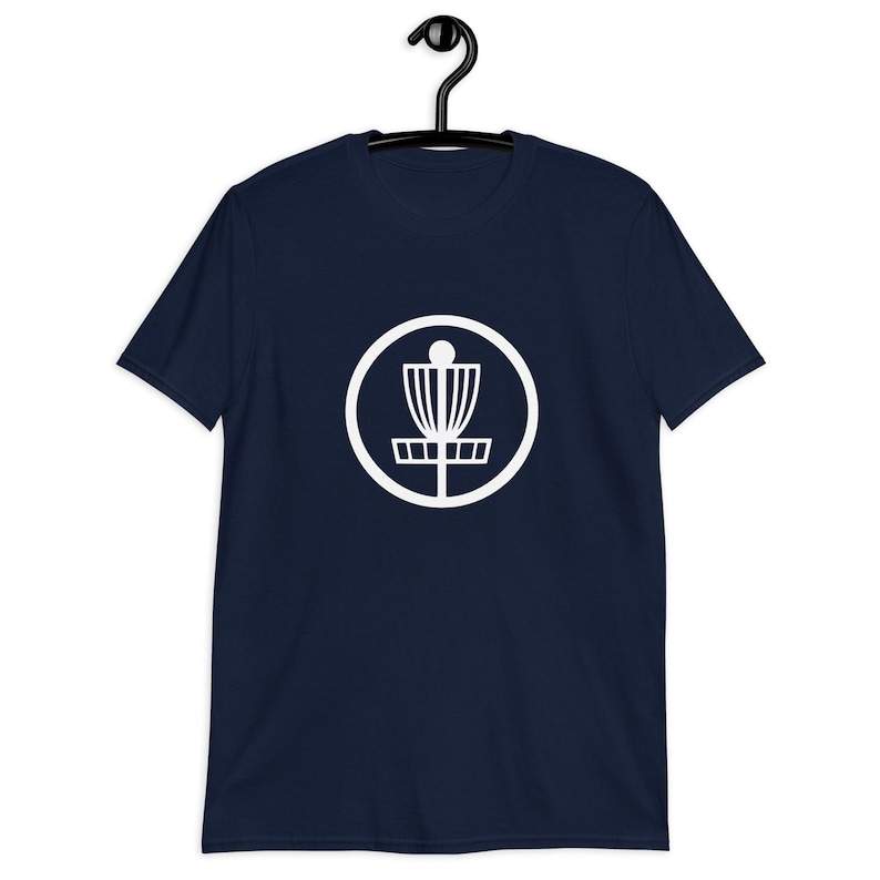 Navy blue t-shirt with an image of disc golf basket silhouette with a circle around it printed on the front.