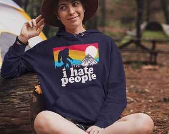 Sasquatch I hate people retro sunset hooded sweatshirt hoodie.