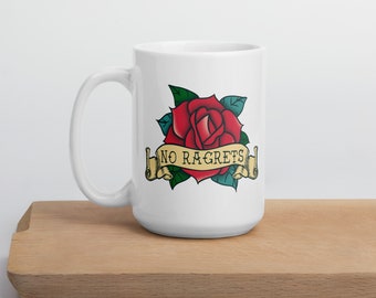 Tattoo artist funny no regrets joke coffee mug. Misspelled bad tattoos no ragrets Retro classic flash rose ink tat