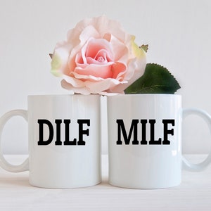 Funny couples coffee mugs. MILF &  DILF matching mugs set.