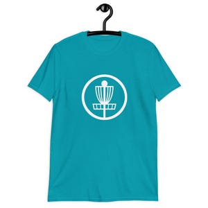Tropical blue t-shirt with an image of disc golf basket silhouette with a circle around it printed on the front.
