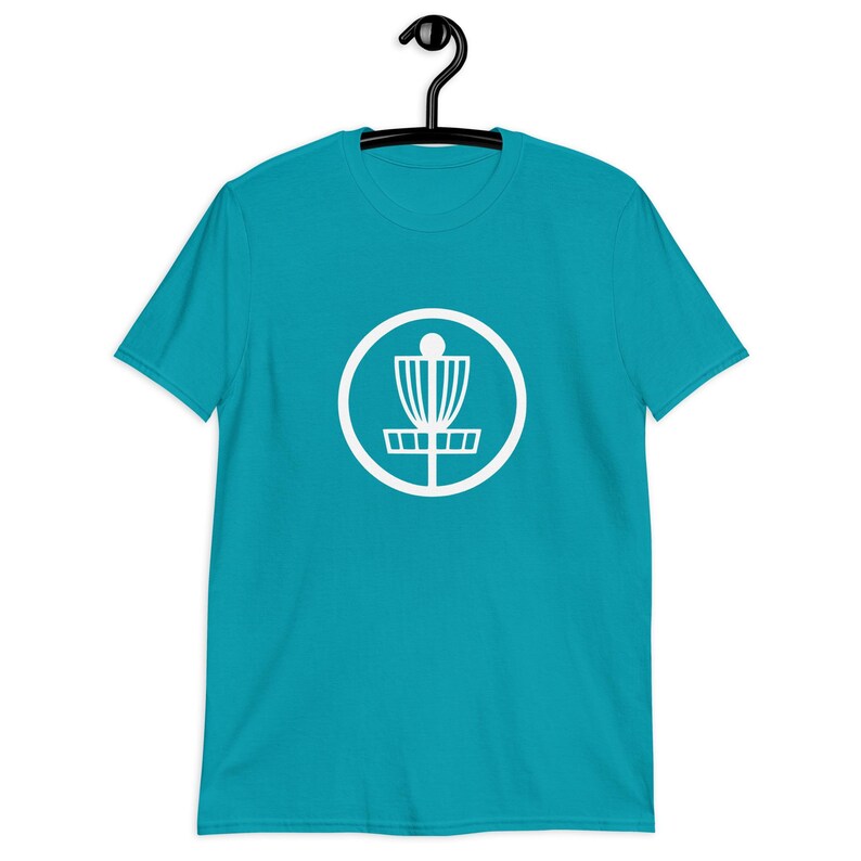 Tropical blue t-shirt with an image of disc golf basket silhouette with a circle around it printed on the front.