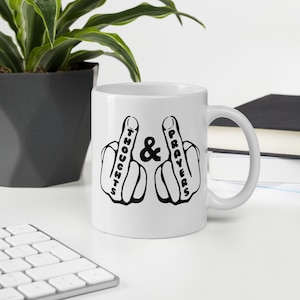 Thoughts and prayers mug. Screw your fake empathy intentions protest gift mug. Middle finger flip off.