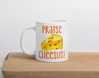 Divertente gioco di parole tra Gesù e gli amanti del formaggio. Tazza con umorismo religioso e sarcastico.