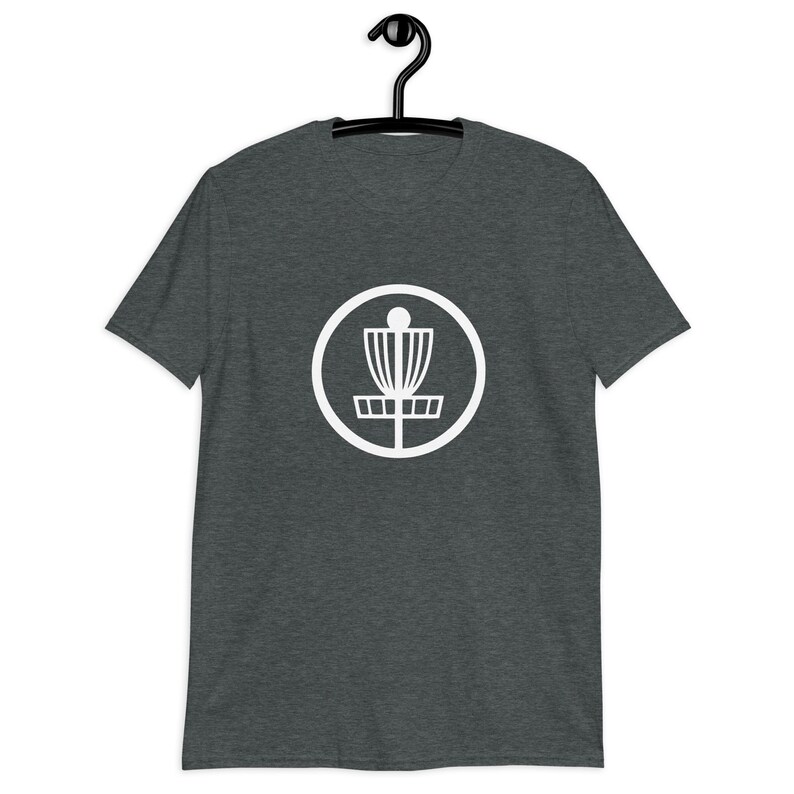 Dark heather grey t-shirt with an image of disc golf basket silhouette with a circle around it printed on the front.
