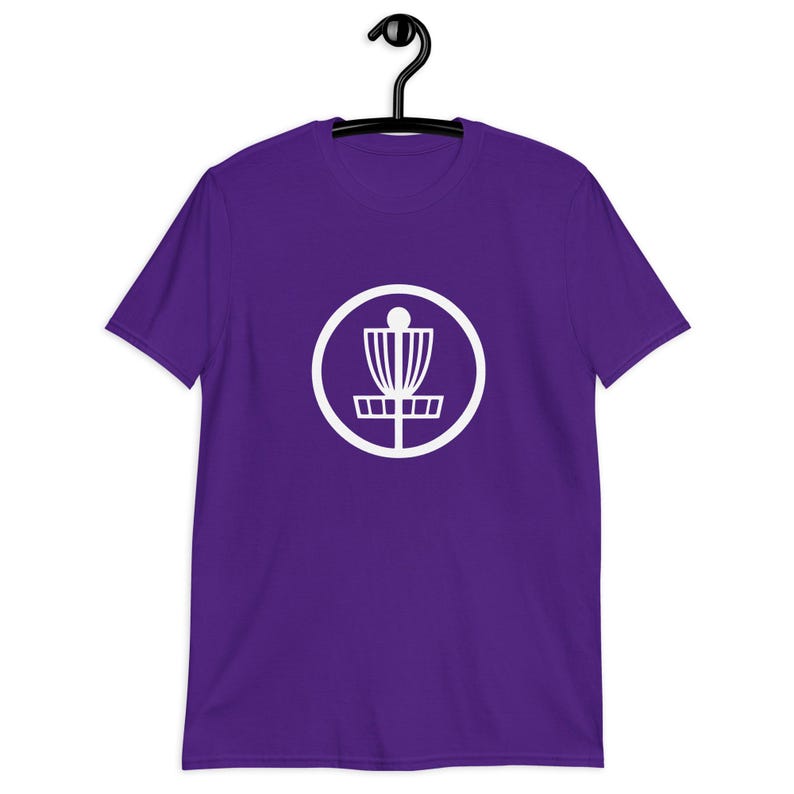 Purple t-shirt with an image of disc golf basket silhouette with a circle around it printed on the front.