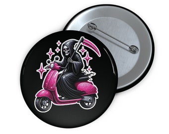 Grim reaper on pink scooter pinback button. Funny sarcastic humor pin