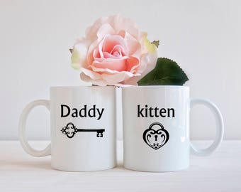 Couples coffee mugs. Coordinating mug set kitten & Daddy lock and key ceramic coffee mugs.