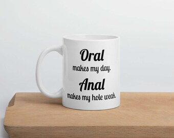 Funny adult pun ceramic mug. Make my day joke mug.