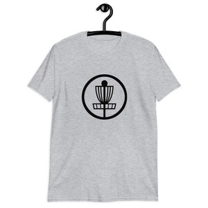 Sport grey t-shirt with an image of disc golf basket silhouette with a circle around it printed on the front.