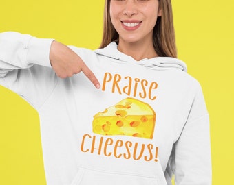 Felpa unisex con cappuccio Praise Cheesus con divertente gioco di parole su Gesù. Felpa con cappuccio con umorismo religioso per gli amanti del formaggio.